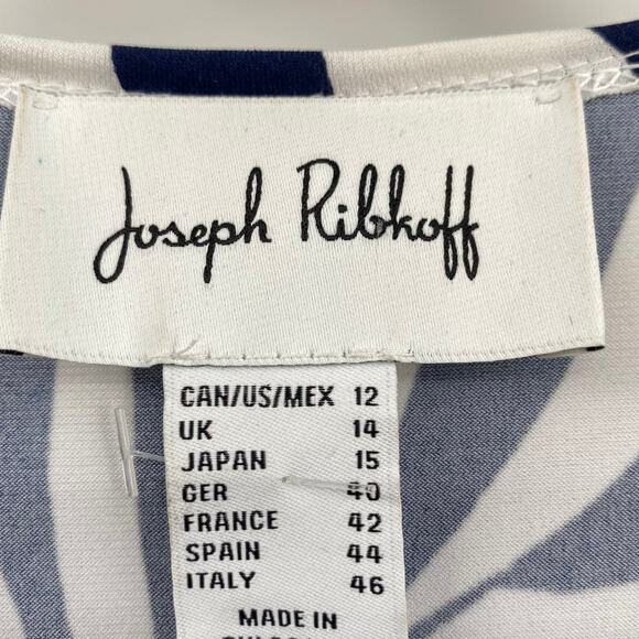Joseph Ribkoff Midi Dress Tie Waist V Neck Surplice Palms Print Blue White 12 - Picture 6 of 6